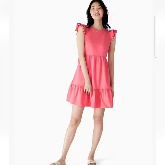Kate Spade Trapeze Mini Dress Womens Pink Crew Neck Fairy Sleeve Tiers Large - Picture 1 of 10